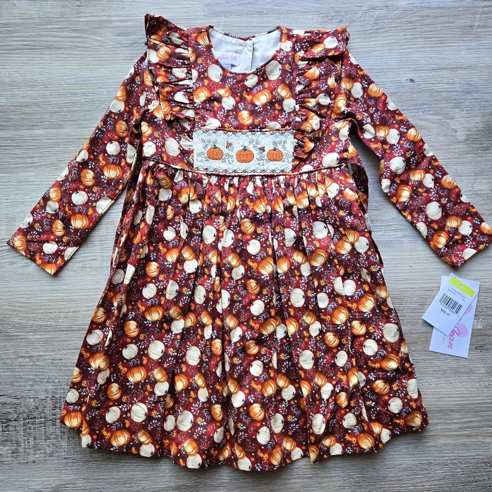 Bonnie Jean Pumpkin Patterned Long Sleeve Dress